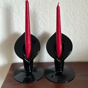 A Pair of Vintage Black Glass Calla Lily Candle Holders